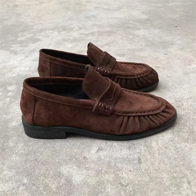 Dilalula 2026 Classic Genuine Leather Pleated Loafers Women French Style Low Heels Slip On Pumps Female Casual Shoes Plus Size