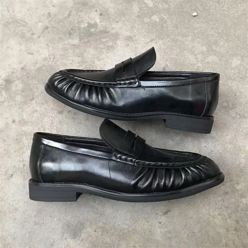 Dilalula 2026 Classic Genuine Leather Pleated Loafers Women French Style Low Heels Slip On Pumps Female Casual Shoes Plus Size