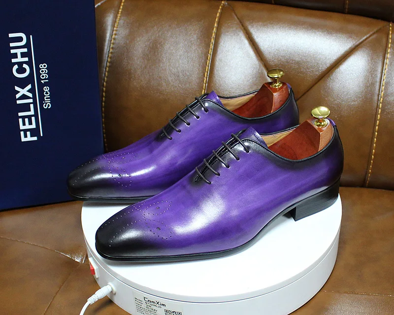 Italian Mens Genuine Leather Dress Shoes Blue Purple Oxfords Wedding Party Formal Shoes Whole Cut Elegant Men's Footwear