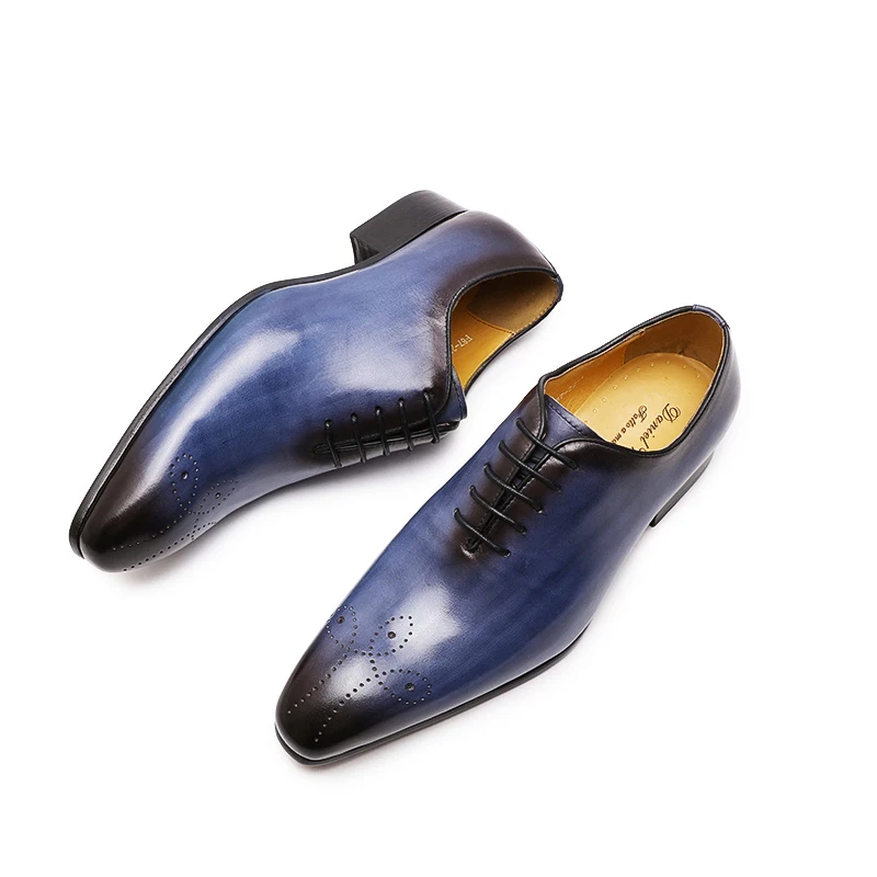 Italian Mens Genuine Leather Dress Shoes Blue Purple Oxfords Wedding Party Formal Shoes Whole Cut Elegant Men's Footwear