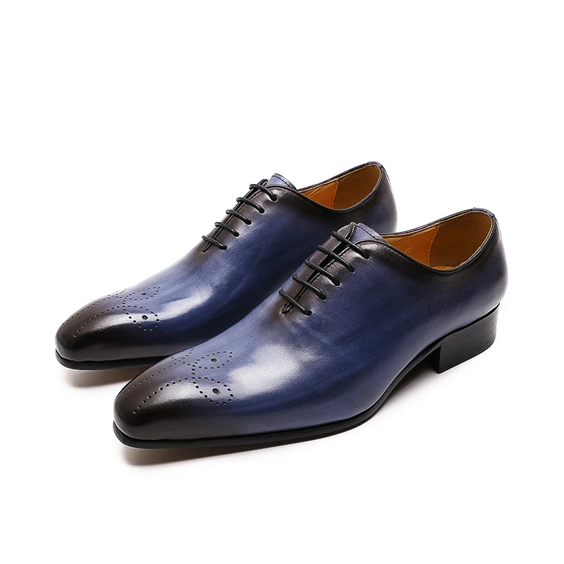 Italian Mens Genuine Leather Dress Shoes Blue Purple Oxfords Wedding Party Formal Shoes Whole Cut Elegant Men's Footwear