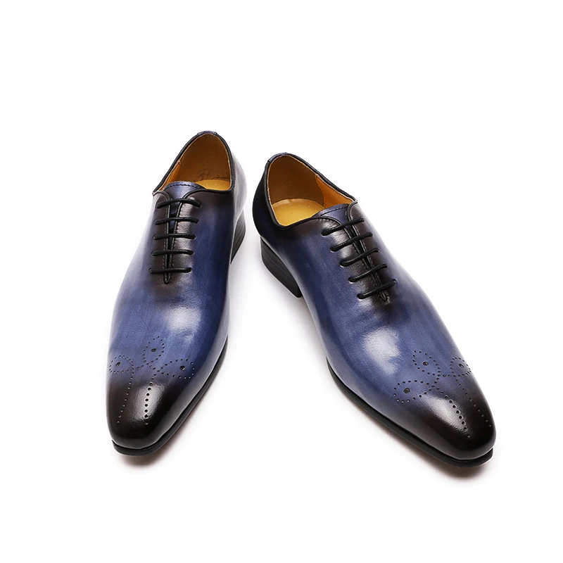 Italian Mens Genuine Leather Dress Shoes Blue Purple Oxfords Wedding Party Formal Shoes Whole Cut Elegant Men's Footwear