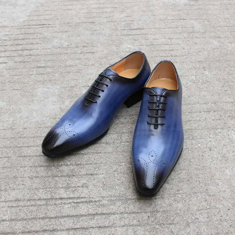 Italian Mens Genuine Leather Dress Shoes Blue Purple Oxfords Wedding Party Formal Shoes Whole Cut Elegant Men's Footwear