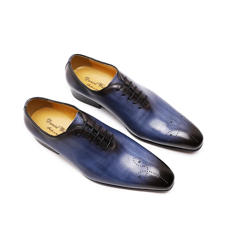 Italian Mens Genuine Leather Dress Shoes Blue Purple Oxfords Wedding Party Formal Shoes Whole Cut Elegant Men's Footwear