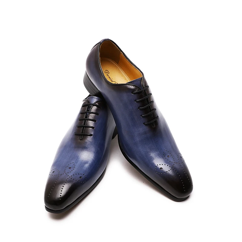 Italian Mens Genuine Leather Dress Shoes Blue Purple Oxfords Wedding Party Formal Shoes Whole Cut Elegant Men's Footwear