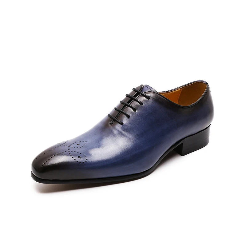 Italian Mens Genuine Leather Dress Shoes Blue Purple Oxfords Wedding Party Formal Shoes Whole Cut Elegant Men's Footwear