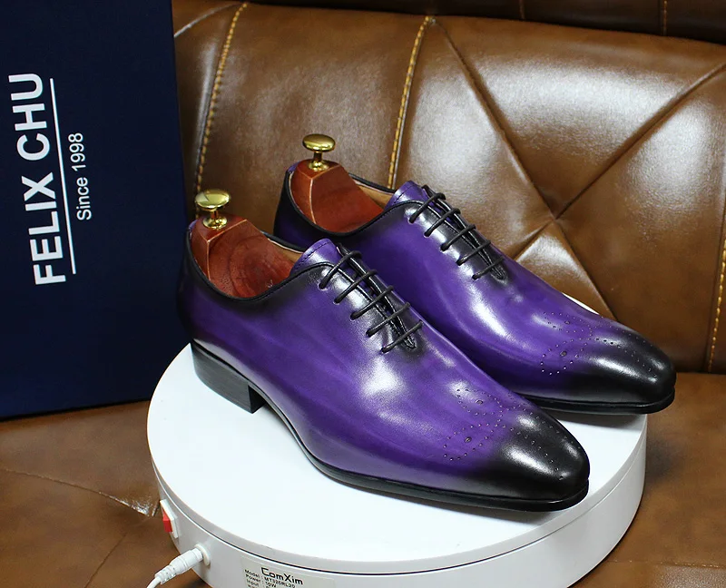 Italian Mens Genuine Leather Dress Shoes Blue Purple Oxfords Wedding Party Formal Shoes Whole Cut Elegant Men's Footwear