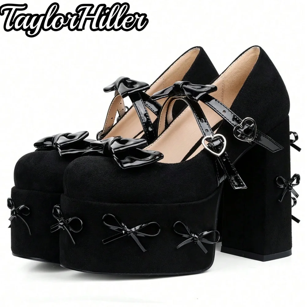 TaylorHiller Women Lolita Platform Mary Janes Shoes Bow Decor Heart Buckle Super High Block Heels Pumps Gothic Sweet Party Shoes