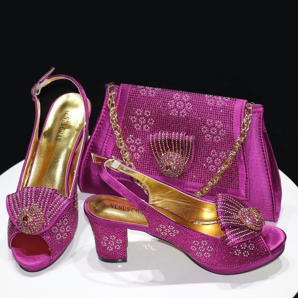 2026 Elegant Italian Pointed Toe Women Rhinestone Hot Pink Shoes & Bag Set For Wedding Party Bridal Evening Formal Events