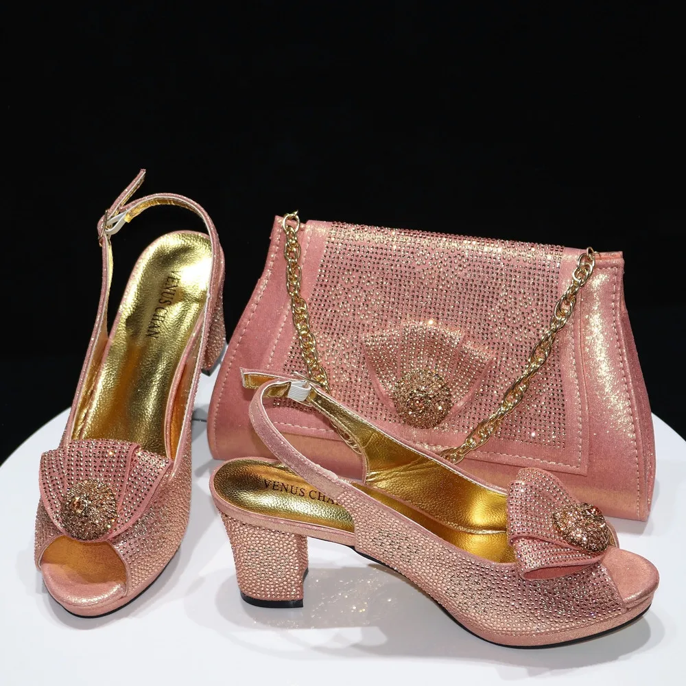 2026 Elegant Italian Pointed Toe Women Rhinestone Hot Pink Shoes & Bag Set For Wedding Party Bridal Evening Formal Events