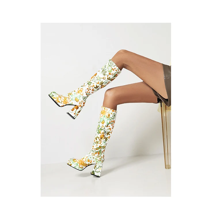 Colorful Floral Ultra-High Thick Heel Women's Knee-Length Boot Square-Toe Waterproof Platform Tapered Print Breathable Long Boot