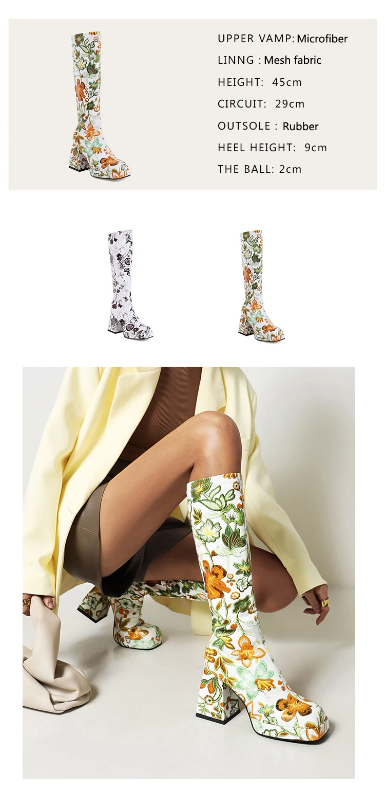 Colorful Floral Ultra-High Thick Heel Women's Knee-Length Boot Square-Toe Waterproof Platform Tapered Print Breathable Long Boot