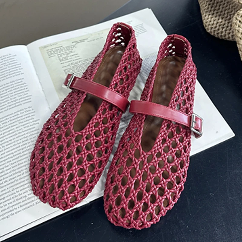 Eilyken Spring Fashion Hand Weaving Hollow Out Buckle Strap Flats Heels Women Sandals Designer Comfortable Ballet Banquet Shoes