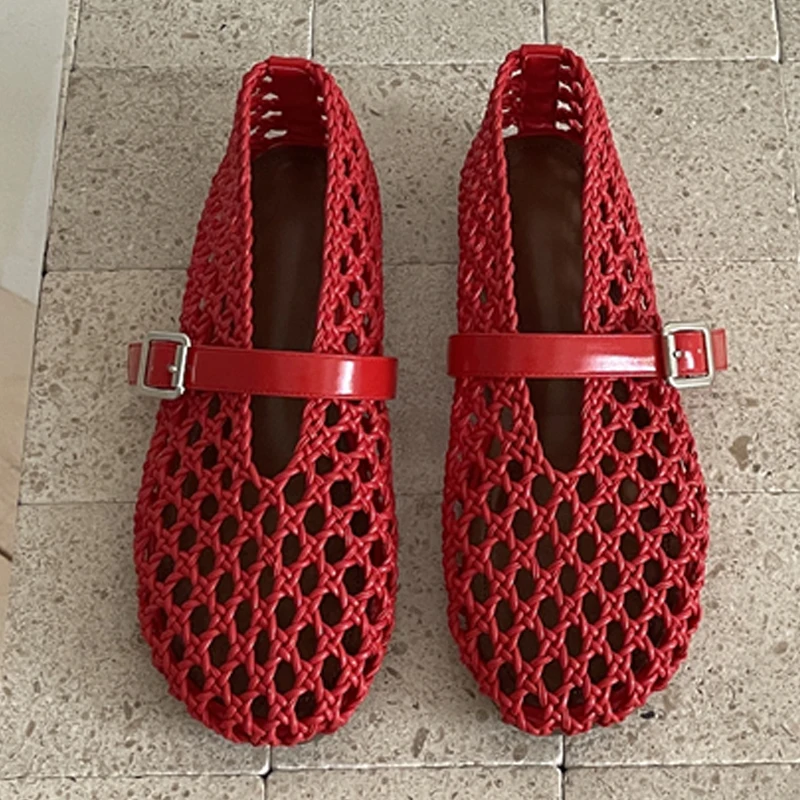 Eilyken Spring Fashion Hand Weaving Hollow Out Buckle Strap Flats Heels Women Sandals Designer Comfortable Ballet Banquet Shoes