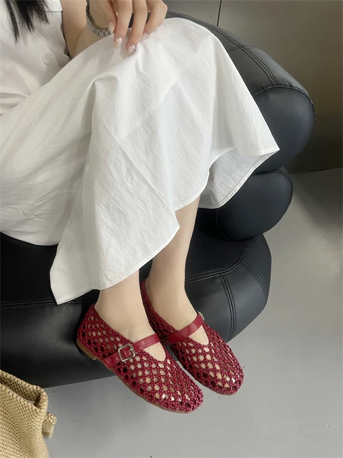 Eilyken Spring Fashion Hand Weaving Hollow Out Buckle Strap Flats Heels Women Sandals Designer Comfortable Ballet Banquet Shoes