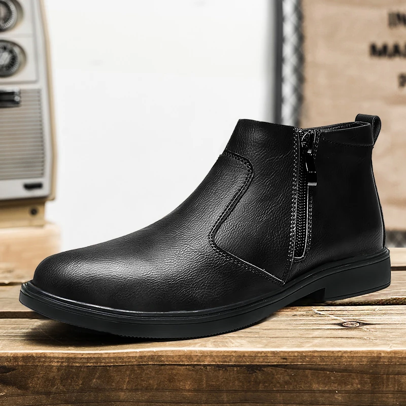 Autumn and Winter New High-Top Leather Shoes for Men, Zippered Leather Boots, Fashionable Versatile Business Casual Shoes, Men's Formal Shoes, Chelsea Boots