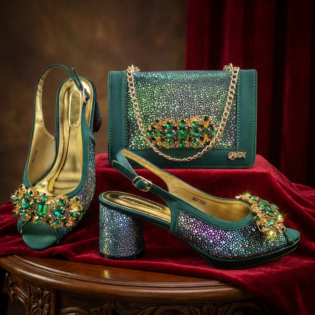 New INS Style Fashion Itlian Design High Heels Shoes  and Bag Set Rhinestone-Embellished Designer Shoes Heel Perfect for Party
