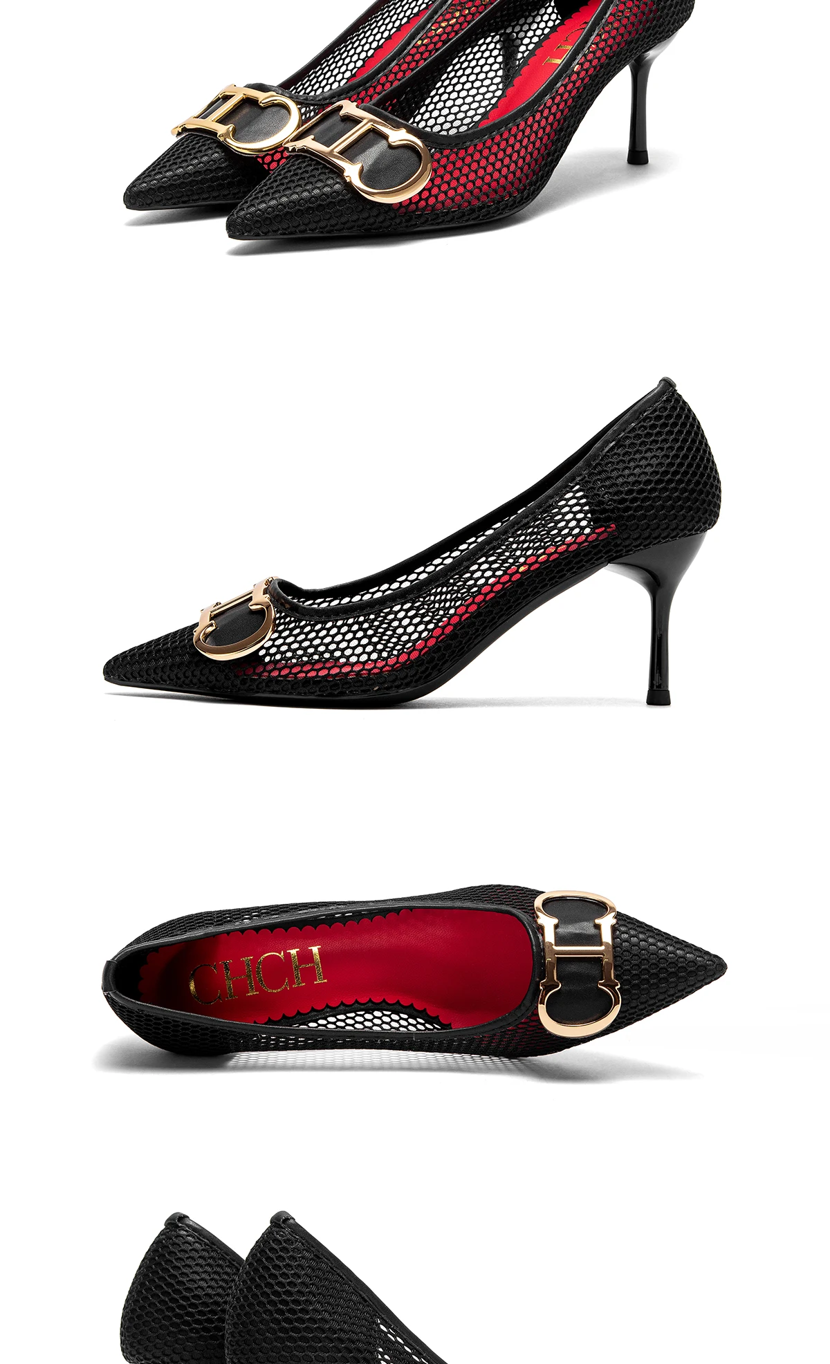 C-H High Heels Red 2026 Spring New Hollow Business Women's Shoes 7cm Red Evening Shoes net