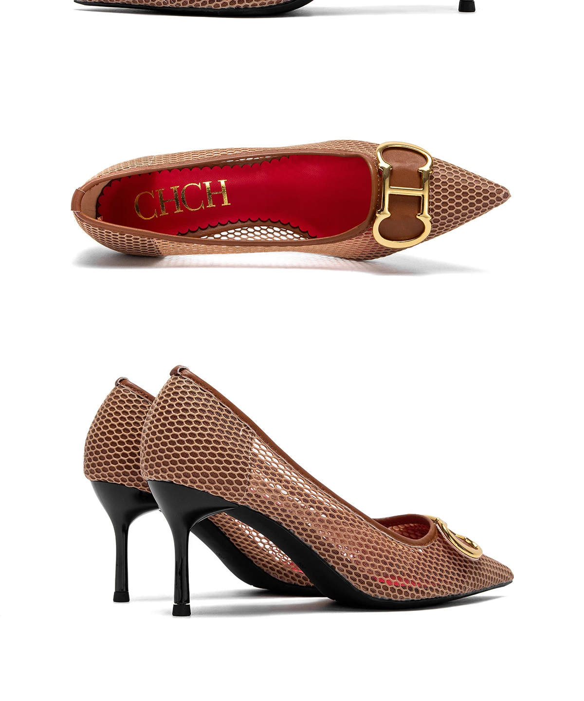 C-H High Heels Red 2026 Spring New Hollow Business Women's Shoes 7cm Red Evening Shoes net