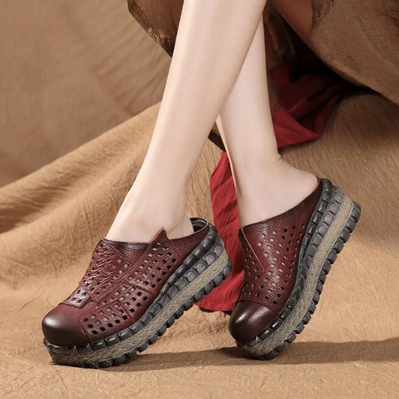 ZXRYXGS Hollow Cowhde Summer Leather Slippers Women Shoes High Heel Sandals 2026 Summer Women Sandals Platform Wedges Slippers