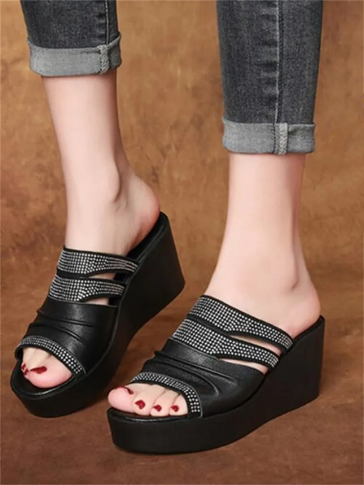 ZXRYXGS Hollow Cowhde Summer Leather Slippers Women Shoes High Heel Sandals 2026 Summer Women Sandals Platform Wedges Slippers