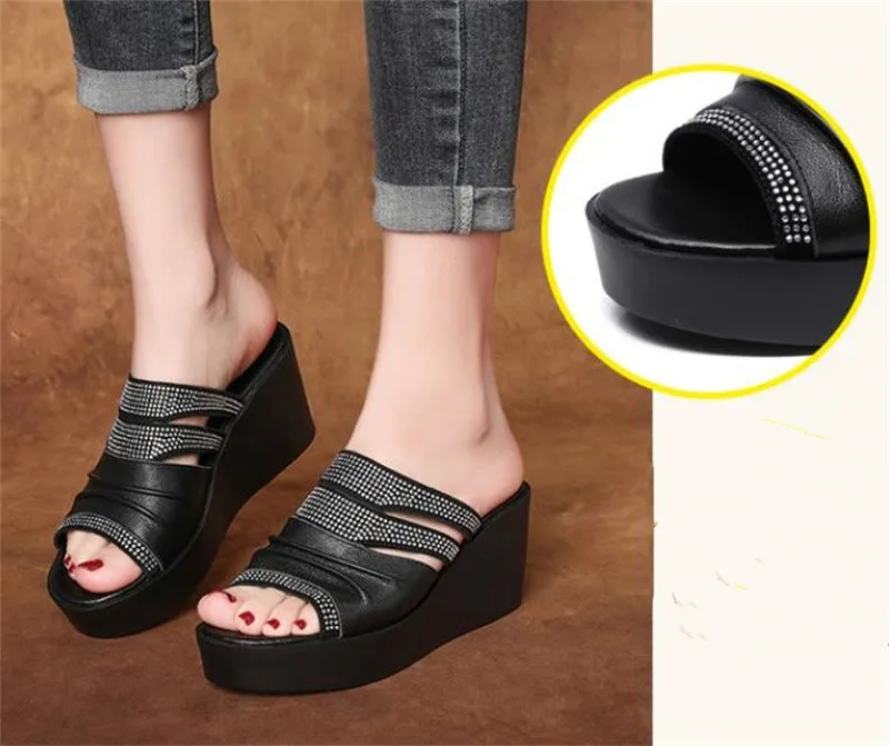 ZXRYXGS Hollow Cowhde Summer Leather Slippers Women Shoes High Heel Sandals 2026 Summer Women Sandals Platform Wedges Slippers