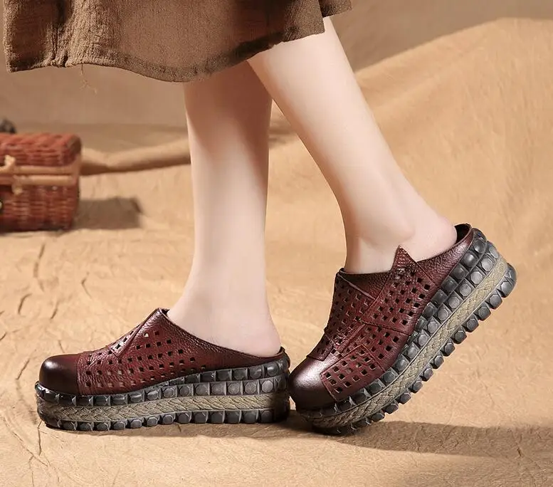 ZXRYXGS Hollow Cowhde Summer Leather Slippers Women Shoes High Heel Sandals 2026 Summer Women Sandals Platform Wedges Slippers