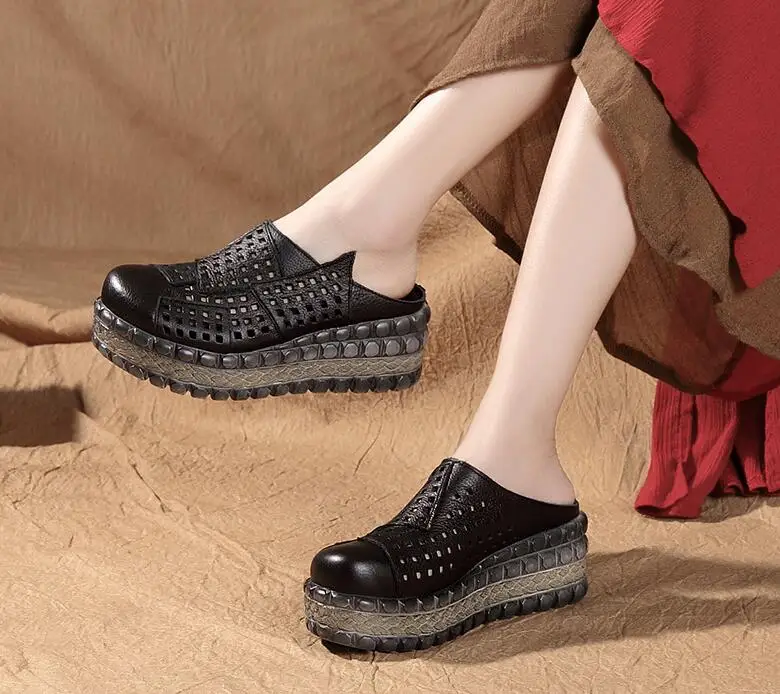 ZXRYXGS Hollow Cowhde Summer Leather Slippers Women Shoes High Heel Sandals 2026 Summer Women Sandals Platform Wedges Slippers