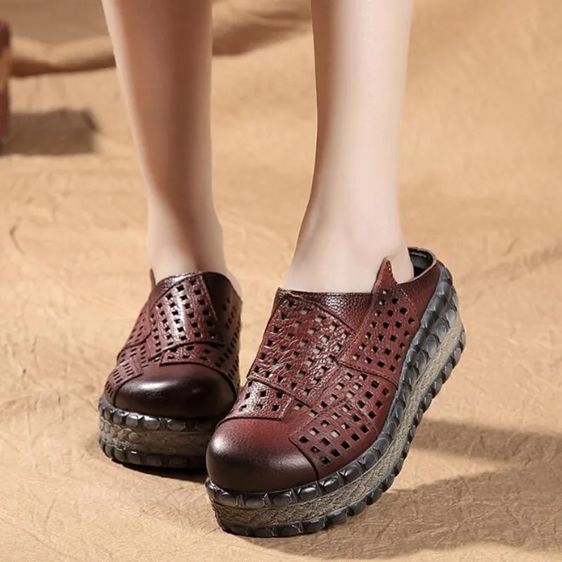 ZXRYXGS Hollow Cowhde Summer Leather Slippers Women Shoes High Heel Sandals 2026 Summer Women Sandals Platform Wedges Slippers