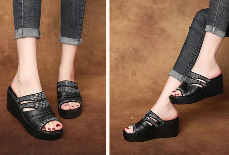 ZXRYXGS Hollow Cowhde Summer Leather Slippers Women Shoes High Heel Sandals 2026 Summer Women Sandals Platform Wedges Slippers