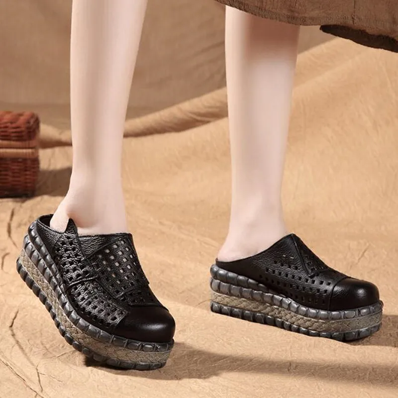 ZXRYXGS Hollow Cowhde Summer Leather Slippers Women Shoes High Heel Sandals 2026 Summer Women Sandals Platform Wedges Slippers