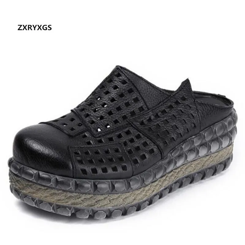 ZXRYXGS Hollow Cowhde Summer Leather Slippers Women Shoes High Heel Sandals 2026 Summer Women Sandals Platform Wedges Slippers