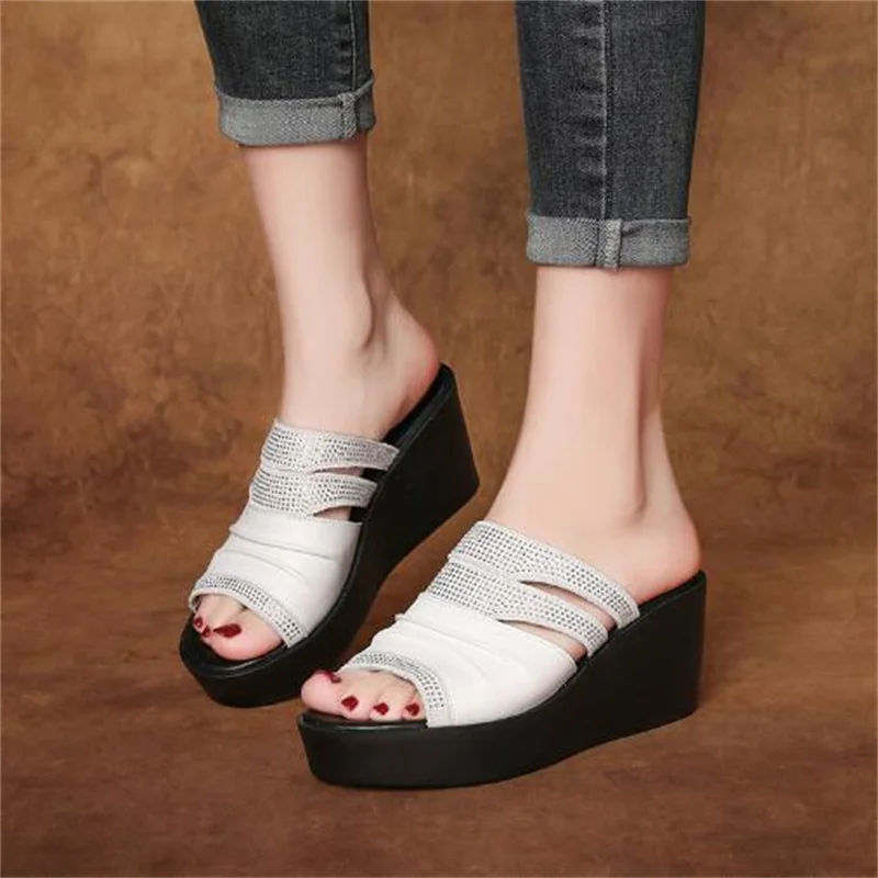 ZXRYXGS Hollow Cowhde Summer Leather Slippers Women Shoes High Heel Sandals 2026 Summer Women Sandals Platform Wedges Slippers