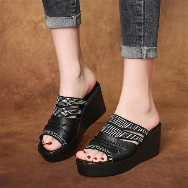 ZXRYXGS Hollow Cowhde Summer Leather Slippers Women Shoes High Heel Sandals 2026 Summer Women Sandals Platform Wedges Slippers