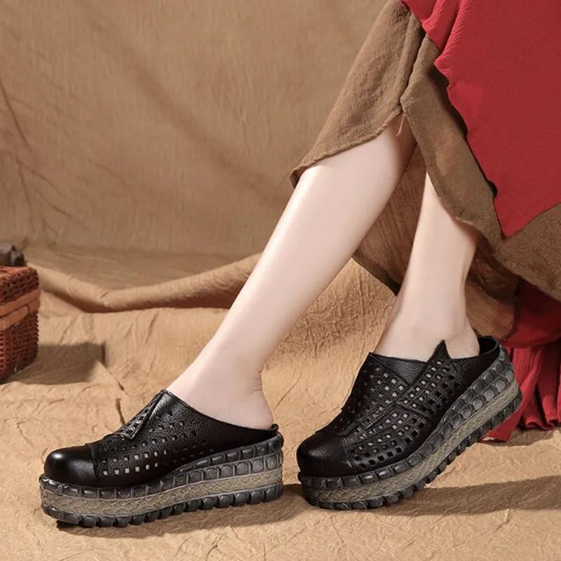 ZXRYXGS Hollow Cowhde Summer Leather Slippers Women Shoes High Heel Sandals 2026 Summer Women Sandals Platform Wedges Slippers