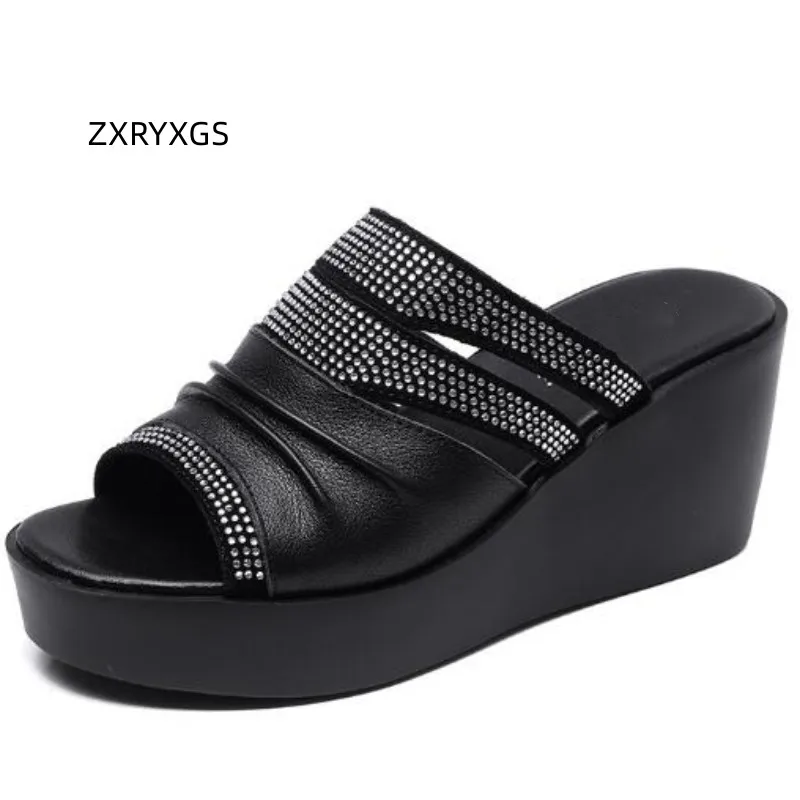 ZXRYXGS Hollow Cowhde Summer Leather Slippers Women Shoes High Heel Sandals 2026 Summer Women Sandals Platform Wedges Slippers