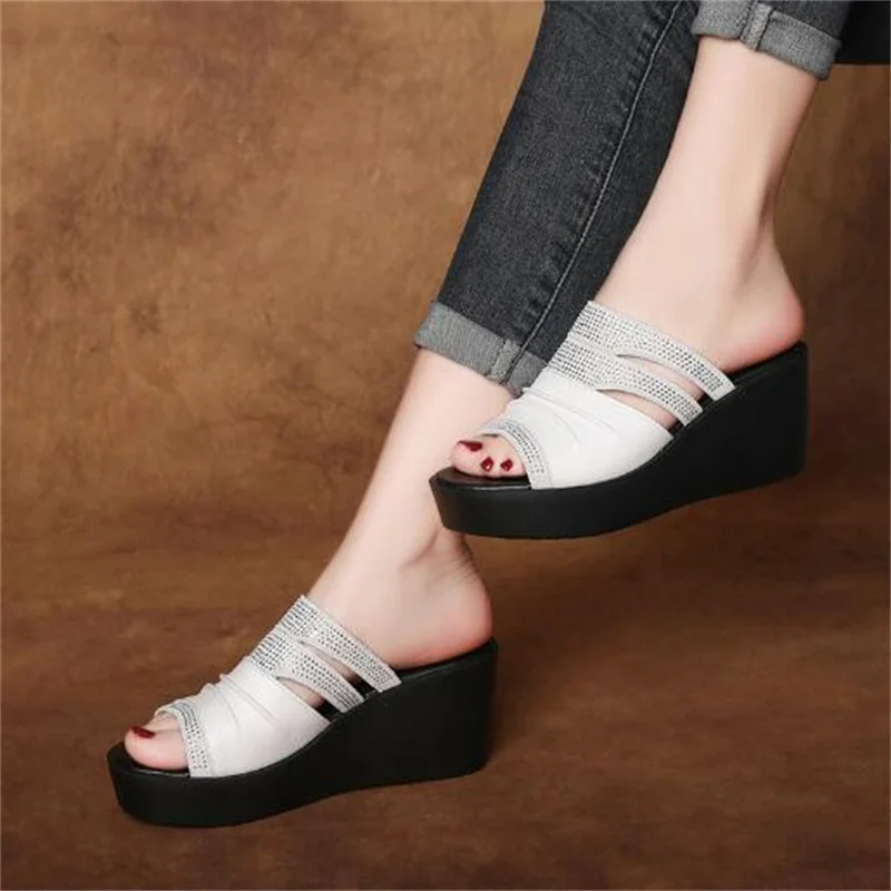 ZXRYXGS Hollow Cowhde Summer Leather Slippers Women Shoes High Heel Sandals 2026 Summer Women Sandals Platform Wedges Slippers