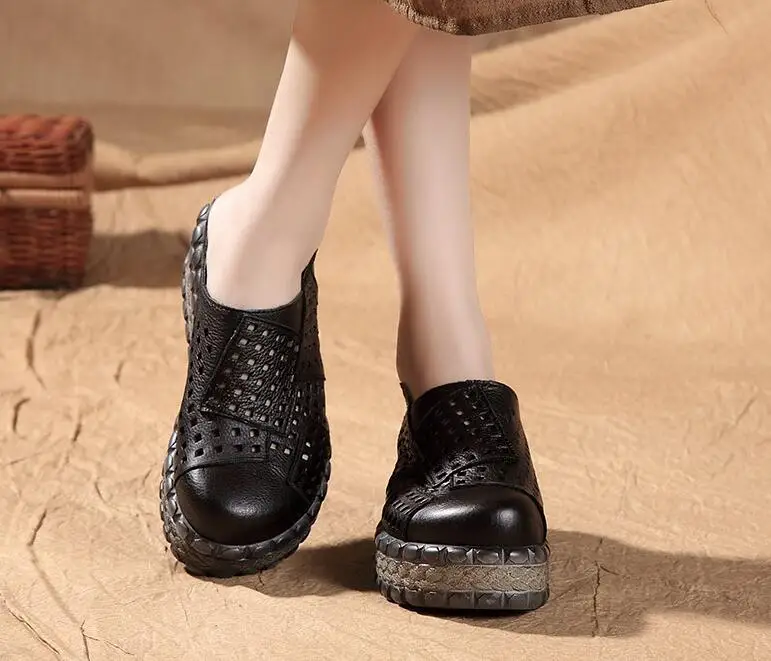 ZXRYXGS Hollow Cowhde Summer Leather Slippers Women Shoes High Heel Sandals 2026 Summer Women Sandals Platform Wedges Slippers