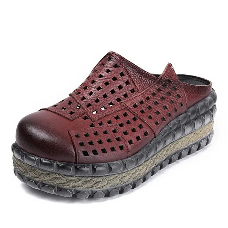 ZXRYXGS Hollow Cowhde Summer Leather Slippers Women Shoes High Heel Sandals 2026 Summer Women Sandals Platform Wedges Slippers