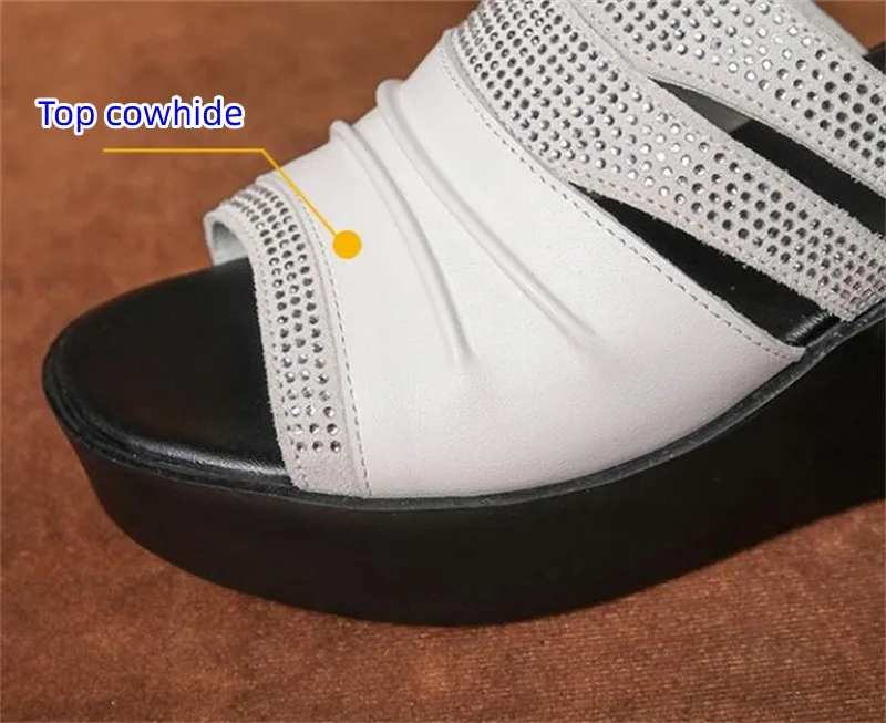 ZXRYXGS Hollow Cowhde Summer Leather Slippers Women Shoes High Heel Sandals 2026 Summer Women Sandals Platform Wedges Slippers