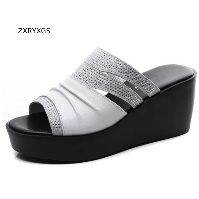 ZXRYXGS Hollow Cowhde Summer Leather Slippers Women Shoes High Heel Sandals 2026 Summer Women Sandals Platform Wedges Slippers