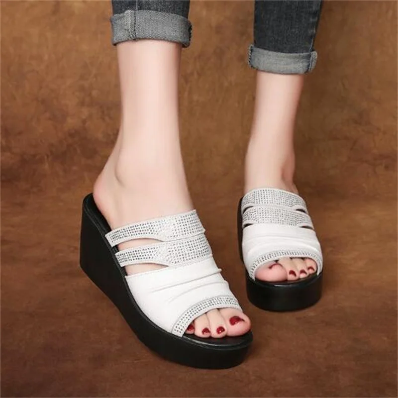 ZXRYXGS Hollow Cowhde Summer Leather Slippers Women Shoes High Heel Sandals 2026 Summer Women Sandals Platform Wedges Slippers