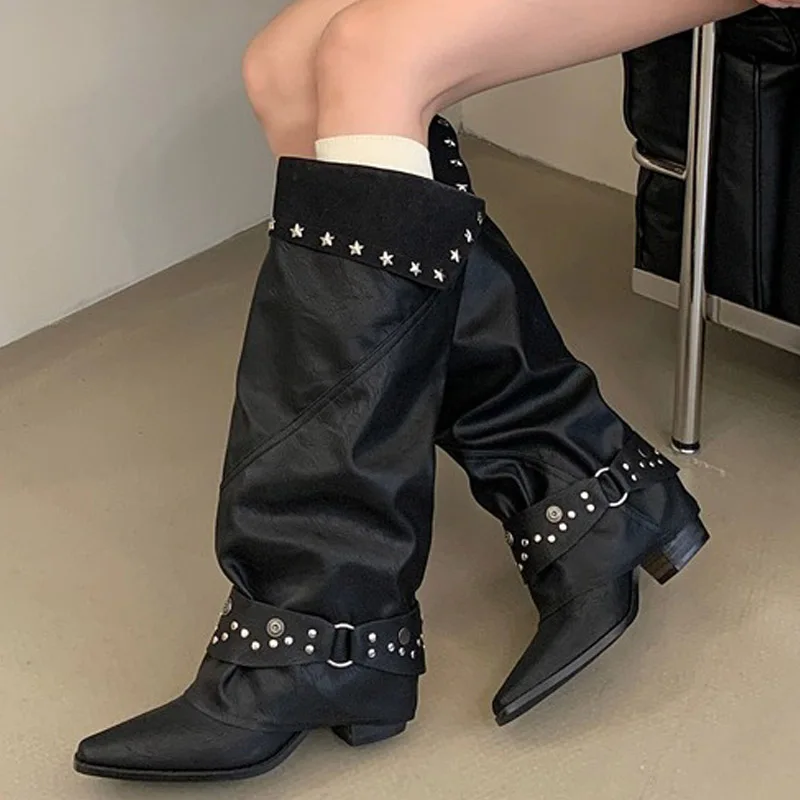 Eilyken Vintage Style Punk Rivet Pleated Long Boots Women Square Heels Pointed Toe Casual Knee High Boots Motorcycle Boots Mujer