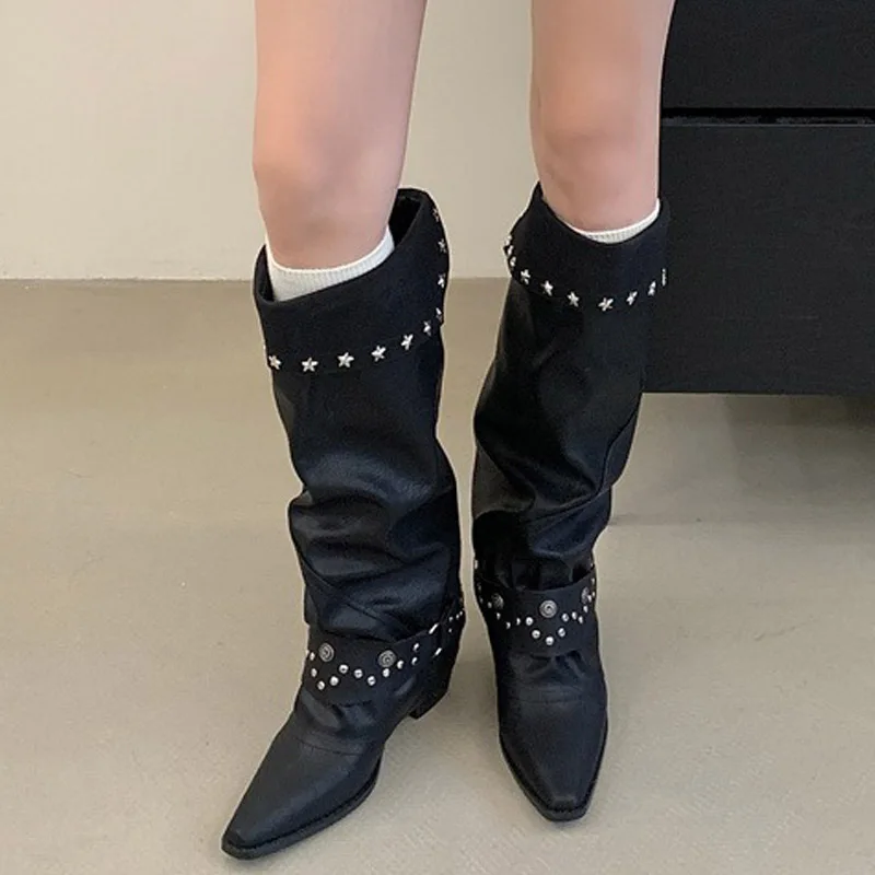 Eilyken Vintage Style Punk Rivet Pleated Long Boots Women Square Heels Pointed Toe Casual Knee High Boots Motorcycle Boots Mujer