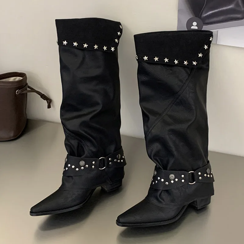 Eilyken Vintage Style Punk Rivet Pleated Long Boots Women Square Heels Pointed Toe Casual Knee High Boots Motorcycle Boots Mujer