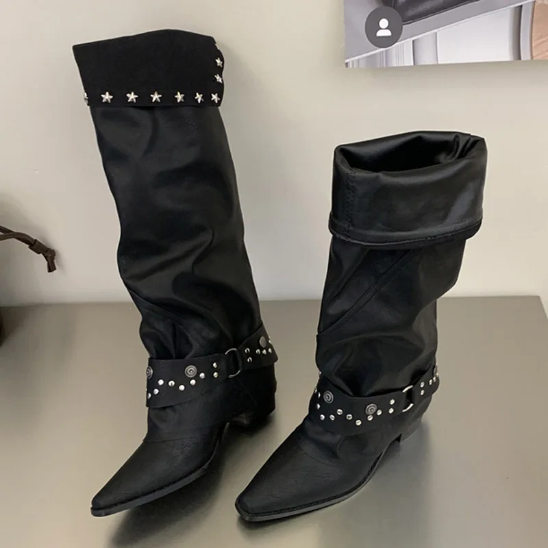 Eilyken Vintage Style Punk Rivet Pleated Long Boots Women Square Heels Pointed Toe Casual Knee High Boots Motorcycle Boots Mujer
