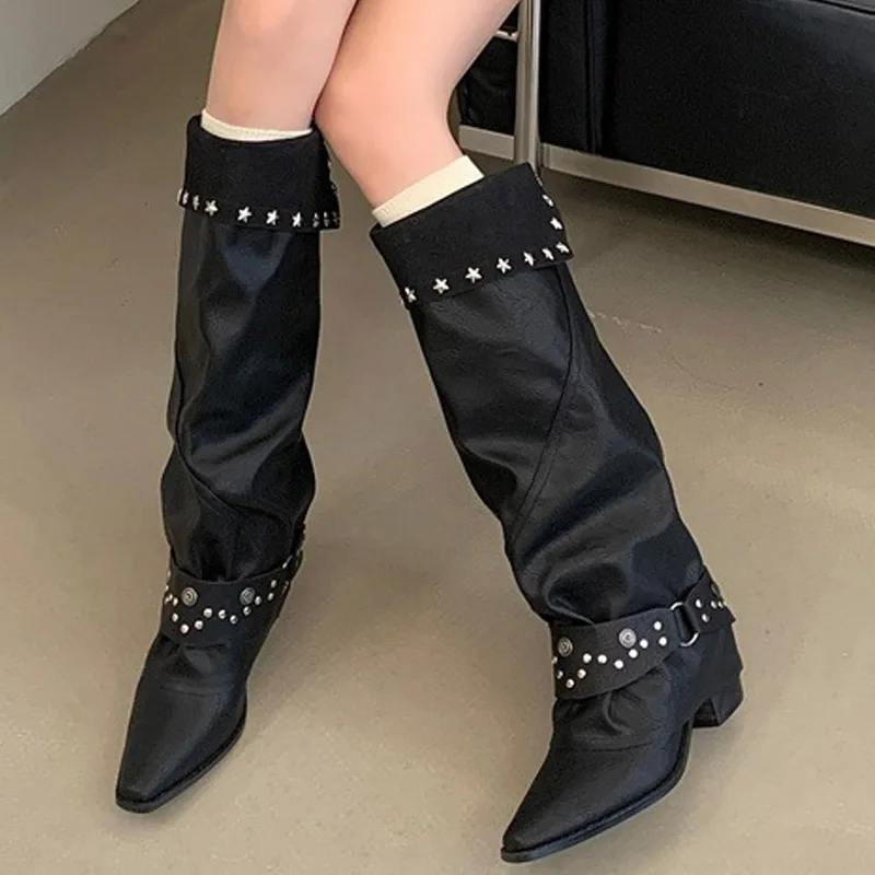 Eilyken Vintage Style Punk Rivet Pleated Long Boots Women Square Heels Pointed Toe Casual Knee High Boots Motorcycle Boots Mujer
