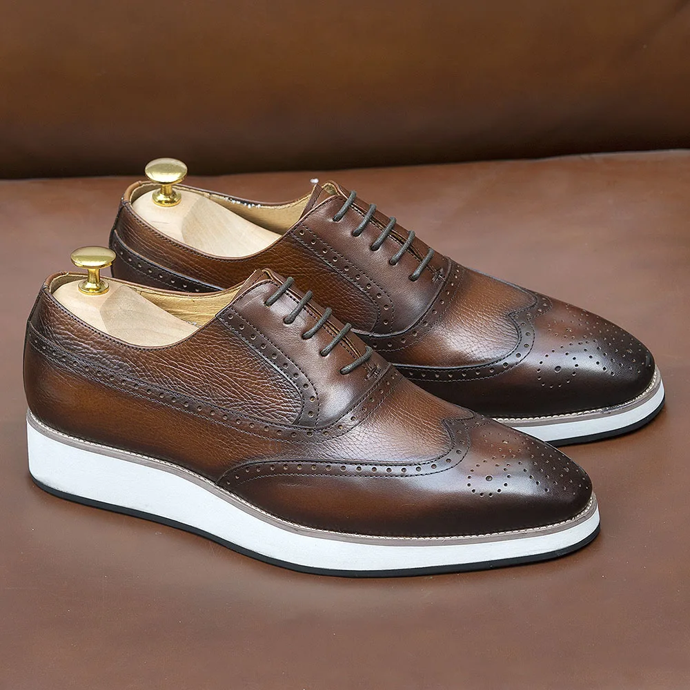 Men's Real Leather Oxford Shoes Classic Wing Tip Toe Lace-Up Handmade Comfortable Casual Sneakers for Business Office