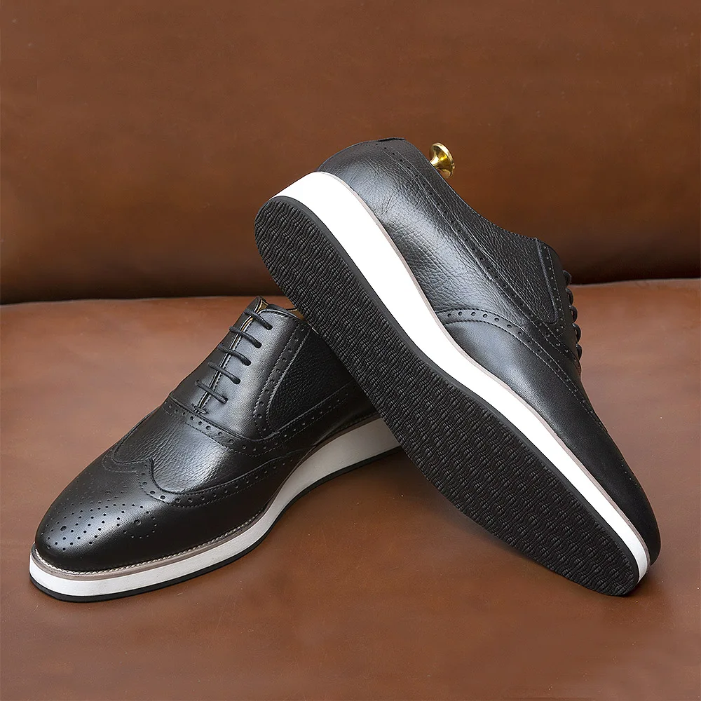 Men's Real Leather Oxford Shoes Classic Wing Tip Toe Lace-Up Handmade Comfortable Casual Sneakers for Business Office