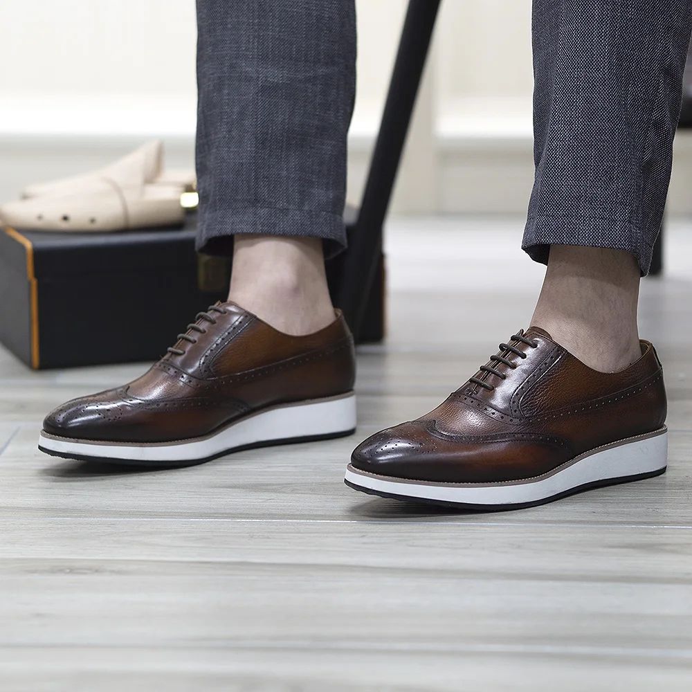 Men's Real Leather Oxford Shoes Classic Wing Tip Toe Lace-Up Handmade Comfortable Casual Sneakers for Business Office